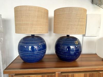  Bitossi Mid Century Pair of Ceramic Lamps Blue Rimini by Bitossi Italy 1990s