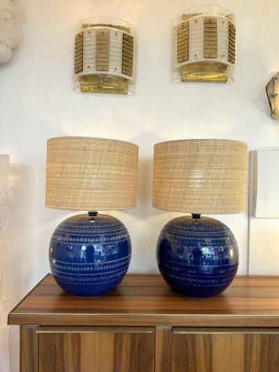  Bitossi Mid Century Pair of Ceramic Lamps Blue Rimini by Bitossi Italy 1990s