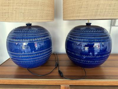 Bitossi Mid Century Pair of Ceramic Lamps Blue Rimini by Bitossi Italy 1990s