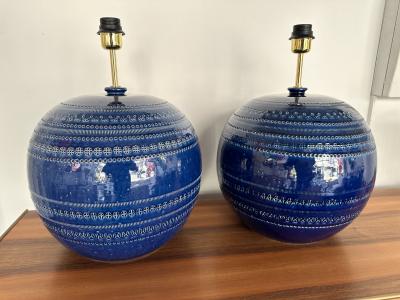  Bitossi Mid Century Pair of Ceramic Lamps Blue Rimini by Bitossi Italy 1990s