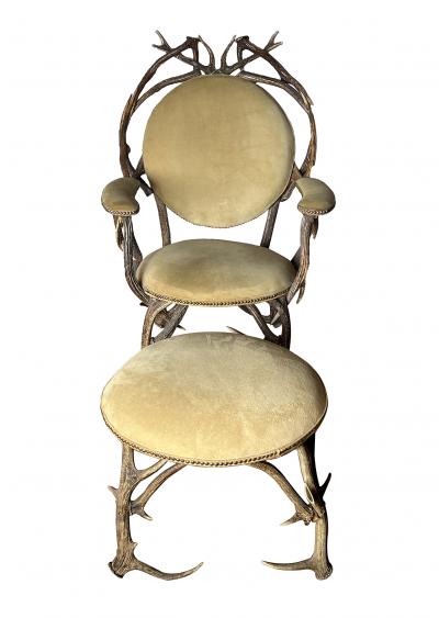  Black Forest Large Black Forest 19th Century Antler Arm Chair and Ottoman