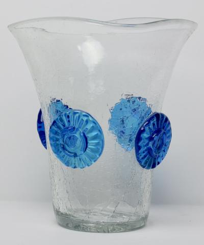  Blenko Glass Co Crackle Vase with Applied Blue Rosettes by Blenko Glass Co 1960 United States