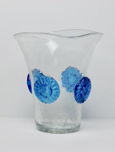  Blenko Glass Co Crackle Vase with Applied Blue Rosettes by Blenko Glass Co 1960 United States