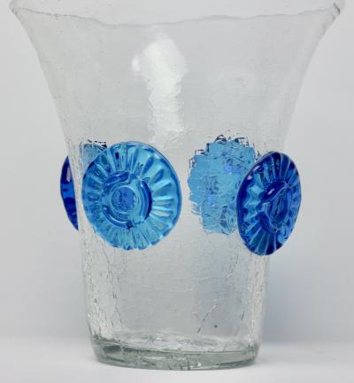  Blenko Glass Co Crackle Vase with Applied Blue Rosettes by Blenko Glass Co 1960 United States
