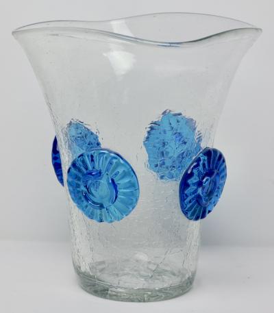  Blenko Glass Co Crackle Vase with Applied Blue Rosettes by Blenko Glass Co 1960 United States