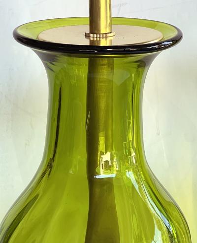  Blenko Glass Co Large Pair Blenko Mid Century Olive green Ribbed Vases now as Lamps