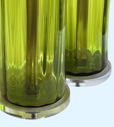  Blenko Glass Co Large Pair Blenko Mid Century Olive green Ribbed Vases now as Lamps