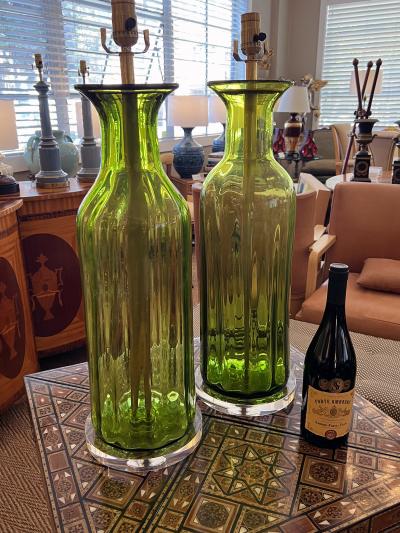  Blenko Glass Co Large Pair Blenko Mid Century Olive green Ribbed Vases now as Lamps