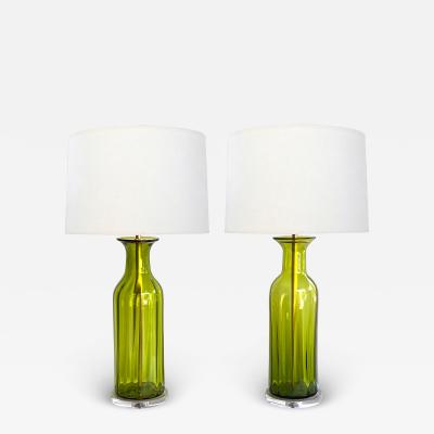  Blenko Glass Co Large Pair Blenko Mid Century Olive green Ribbed Vases now as Lamps