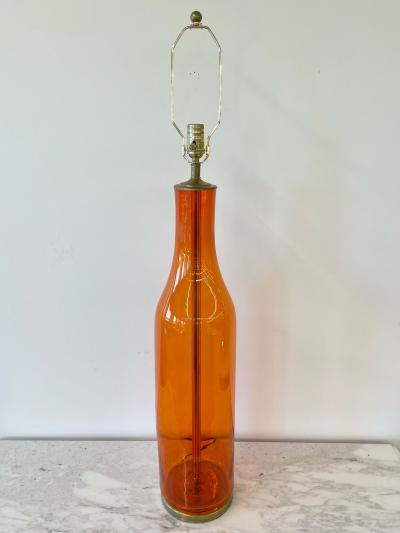  Blenko Glass Co Single Mid Century Large Orange Blown Glass Bottle Shape Table Lamp by Blenko