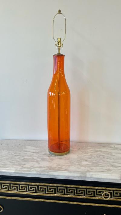  Blenko Glass Co Single Mid Century Large Orange Blown Glass Bottle Shape Table Lamp by Blenko