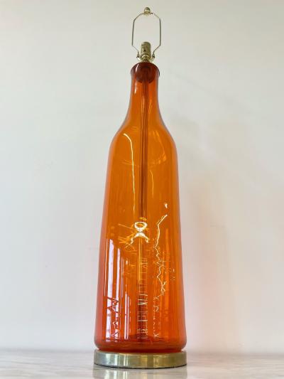  Blenko Glass Co Single Mid Century Large Orange Blown Glass Bottle Shape Table Lamp by Blenko