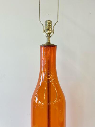  Blenko Glass Co Single Mid Century Large Orange Blown Glass Bottle Shape Table Lamp by Blenko