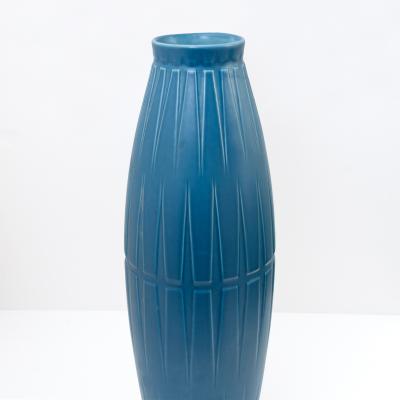  Bo Fajans BO FAJANS TALL BLUE CERAMIC VASE WITH GEOMETRIC PATTERN IN RELIEF SWEDEN 1940