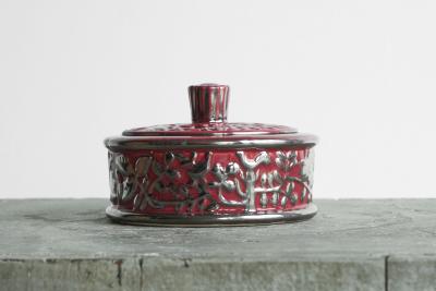  Boch Fr res Keramis Co Boch Fr res Keramis Pink Lidded Bowl with Silver Glazed Flowers and Butterflies