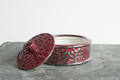 Boch Fr res Keramis Co Boch Fr res Keramis Pink Lidded Bowl with Silver Glazed Flowers and Butterflies