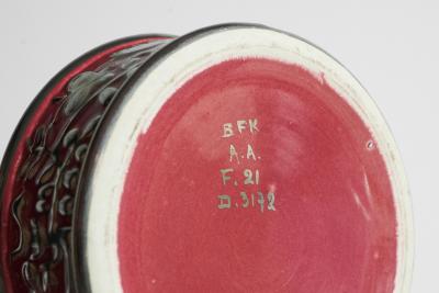  Boch Fr res Keramis Co Boch Fr res Keramis Pink Lidded Bowl with Silver Glazed Flowers and Butterflies