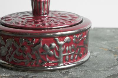 Boch Fr res Keramis Co Boch Fr res Keramis Pink Lidded Bowl with Silver Glazed Flowers and Butterflies