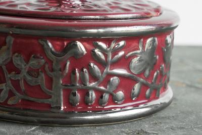  Boch Fr res Keramis Co Boch Fr res Keramis Pink Lidded Bowl with Silver Glazed Flowers and Butterflies