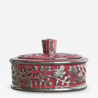  Boch Fr res Keramis Co Boch Fr res Keramis Pink Lidded Bowl with Silver Glazed Flowers and Butterflies