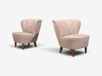  Boman OY Carl Johan Boman Lounge Chairs Beige Linen Wood Finland 1950s