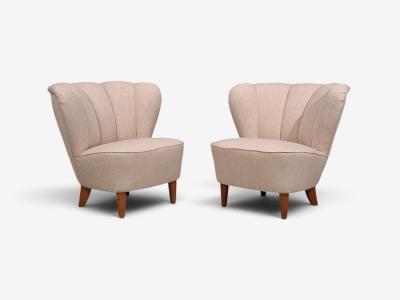  Boman OY Carl Johan Boman Lounge Chairs Beige Linen Wood Finland 1950s