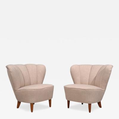  Boman OY Carl Johan Boman Lounge Chairs Beige Linen Wood Finland 1950s