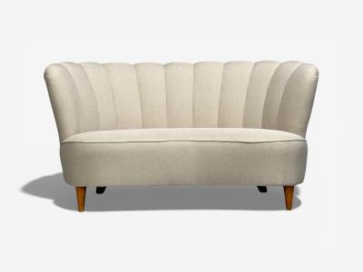  Boman OY Carl Johan Boman Settee Beige Linen Wood Finland 1950s