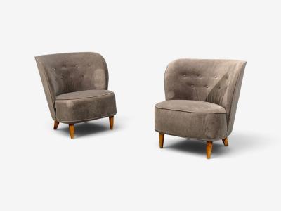 Boman OY Finnish Modern Easy Chairs Velvet Lacquered Wood Finland 1950s