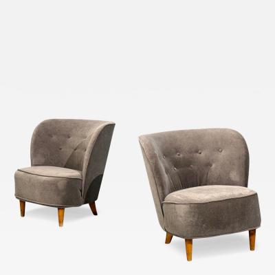  Boman OY Finnish Modern Easy Chairs Velvet Lacquered Wood Finland 1950s