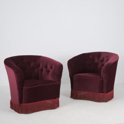  Boman OY Pair of Finnish Design Curved Armchairs in Red Velvet Attr to Boman Circa 1940s