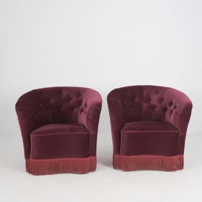  Boman OY Pair of Finnish Design Curved Armchairs in Red Velvet Attr to Boman Circa 1940s