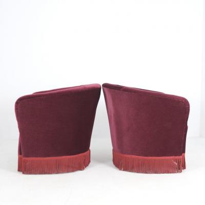  Boman OY Pair of Finnish Design Curved Armchairs in Red Velvet Attr to Boman Circa 1940s