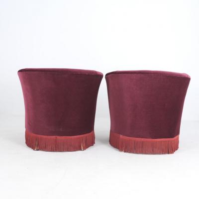  Boman OY Pair of Finnish Design Curved Armchairs in Red Velvet Attr to Boman Circa 1940s