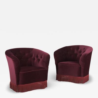  Boman OY Pair of Finnish Design Curved Armchairs in Red Velvet Attr to Boman Circa 1940s