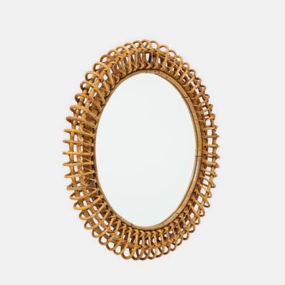  Bonacina 1950s Italian Bonacina Round Bamboo and Rattan Wall Mirror