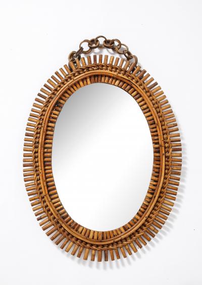  Bonacina Italian 1950s Oval Bamboo Mirror with Chain