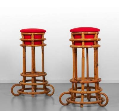  Bonacina Pair of 1960s Bar Stools in Rattan