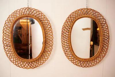  Bonacina Two Franco Albini for Bonacina Rattan and Bamboo Wall Mirror Italy 1960s
