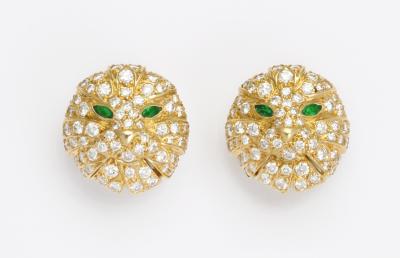 Boucheron Diamond and Emerald Cat Earrings in 18K Gold by Boucheron Circa 1980s