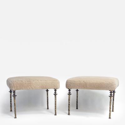  Bourgeois Boheme Atelier Pair of Shearling Sorgue Stools Gold bronze legs by Bourgeois Boheme Atelier