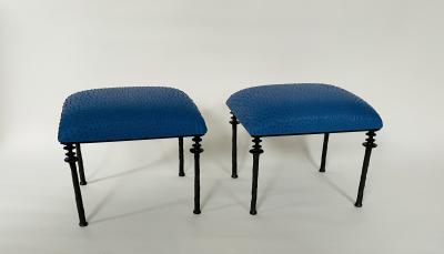  Bourgeois Boheme Atelier Pair of Sorgue Stools Blue Ostrich Leather Cushions