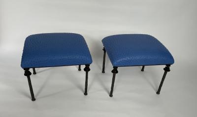  Bourgeois Boheme Atelier Pair of Sorgue Stools Blue Ostrich Leather Cushions