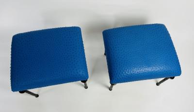  Bourgeois Boheme Atelier Pair of Sorgue Stools Blue Ostrich Leather Cushions