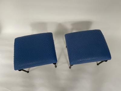  Bourgeois Boheme Atelier Pair of Sorgue Stools Blue Ostrich Leather Cushions