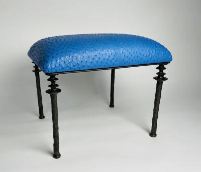  Bourgeois Boheme Atelier Pair of Sorgue Stools Blue Ostrich Leather Cushions