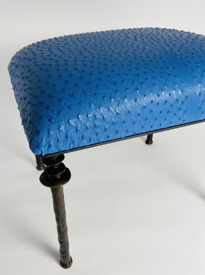  Bourgeois Boheme Atelier Pair of Sorgue Stools Blue Ostrich Leather Cushions