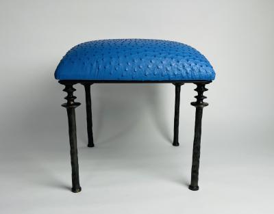  Bourgeois Boheme Atelier Pair of Sorgue Stools Blue Ostrich Leather Cushions