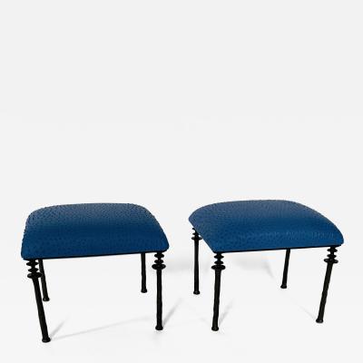  Bourgeois Boheme Atelier Pair of Sorgue Stools Blue Ostrich Leather Cushions