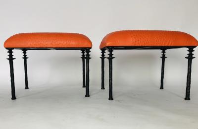  Bourgeois Boheme Atelier Pair of Sorgue Stools Tangerine Ostrich Leather